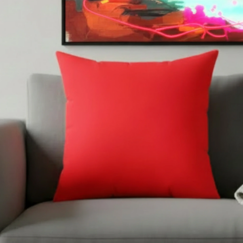 Neon red faux suede throw pillow styled on a couch in a bold soft brutalist living room.
