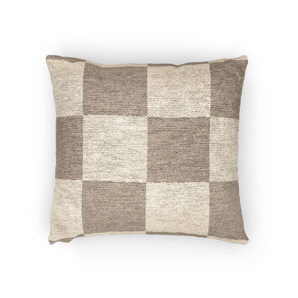 A horizontal view of the Neutral Beige Woven Checkerboard Pillow showing khaki beige checker squares on an oatmeal background. 