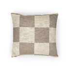 A horizontal view of the Neutral Beige Woven Checkerboard Pillow showing khaki beige checker squares on an oatmeal background. 