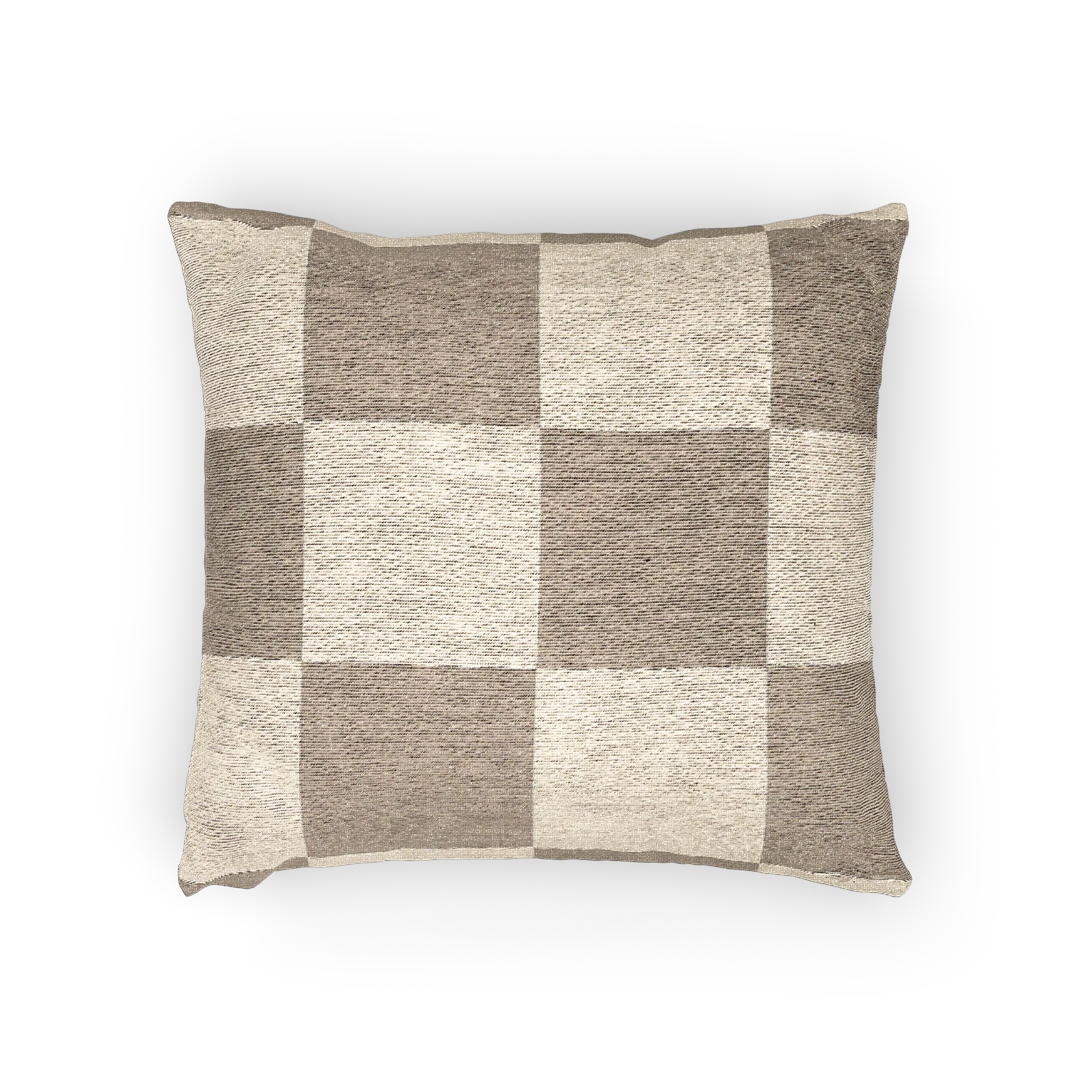 A horizontal view of the Neutral Beige Woven Checkerboard Pillow showing khaki beige checker squares on an oatmeal background. 