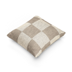 A side view of the Neutral Beige Woven Checkerboard Pillow showing khaki beige checker squares on an oatmeal background. 