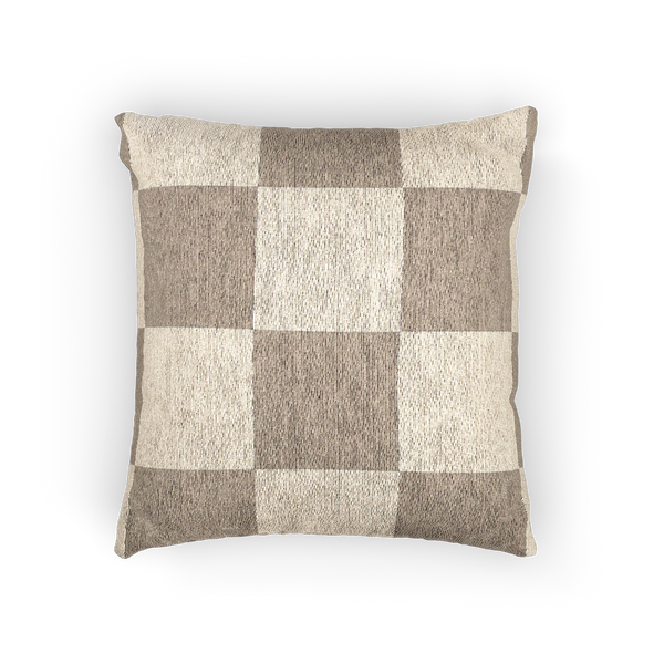 A front view of the Neutral Beige Woven Checkerboard Pillow showing khaki beige checker squares on an oatmeal background. 