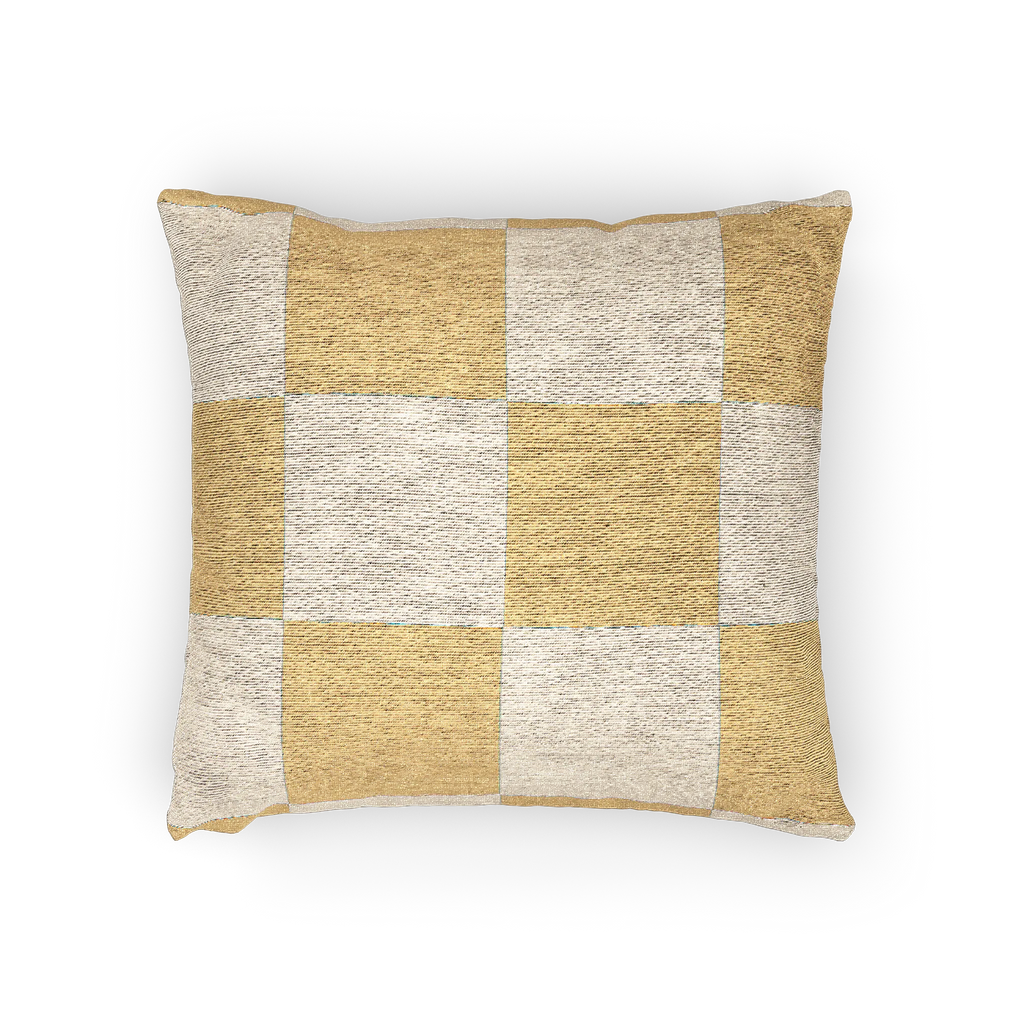 A horizontal view of the Neutral Yellow Checkerboard Woven Pillow showing golden yellow checker squares on an oatmeal background.  