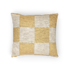 A horizontal view of the Neutral Yellow Checkerboard Woven Pillow showing golden yellow checker squares on an oatmeal background.  