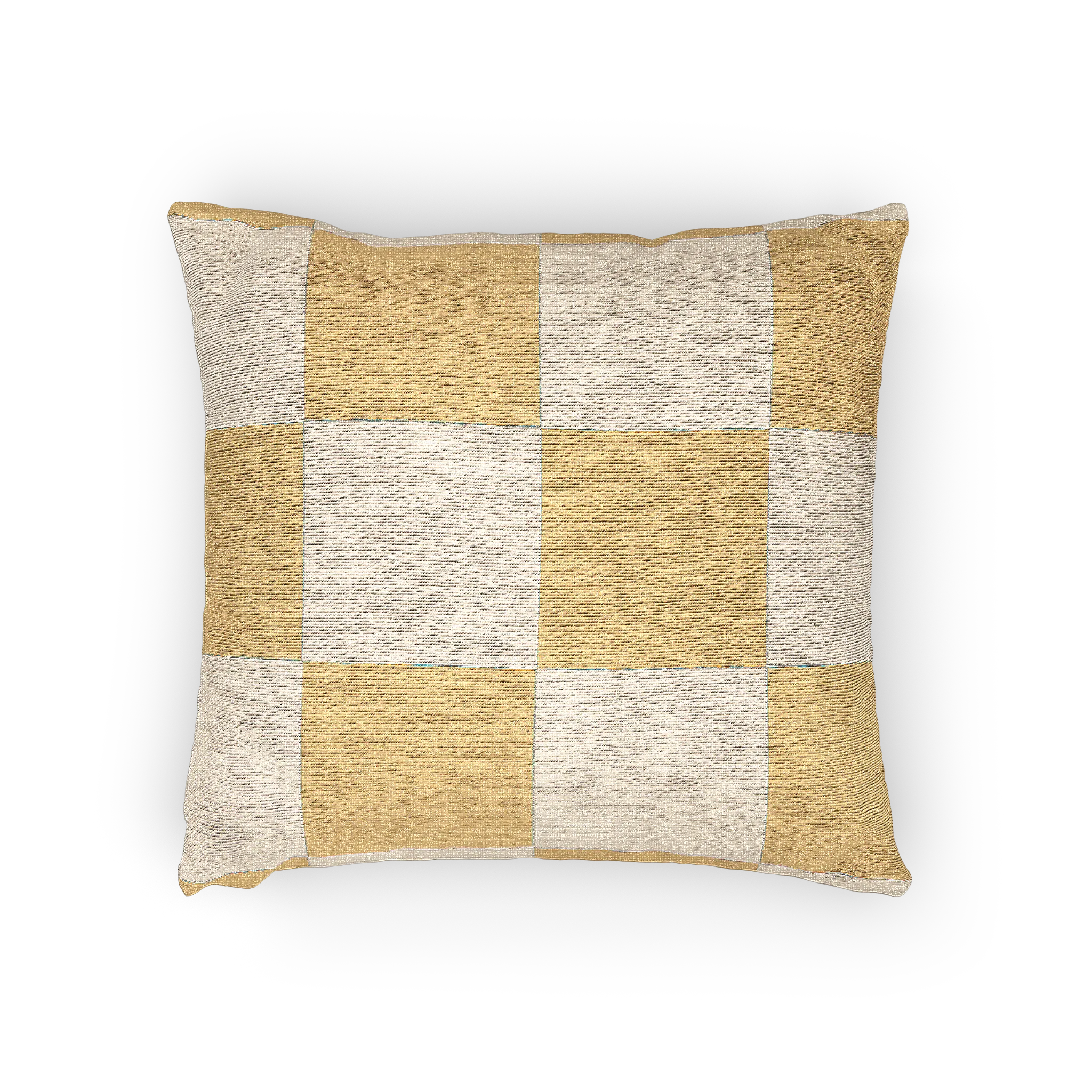 A horizontal view of the Neutral Yellow Checkerboard Woven Pillow showing golden yellow checker squares on an oatmeal background.  