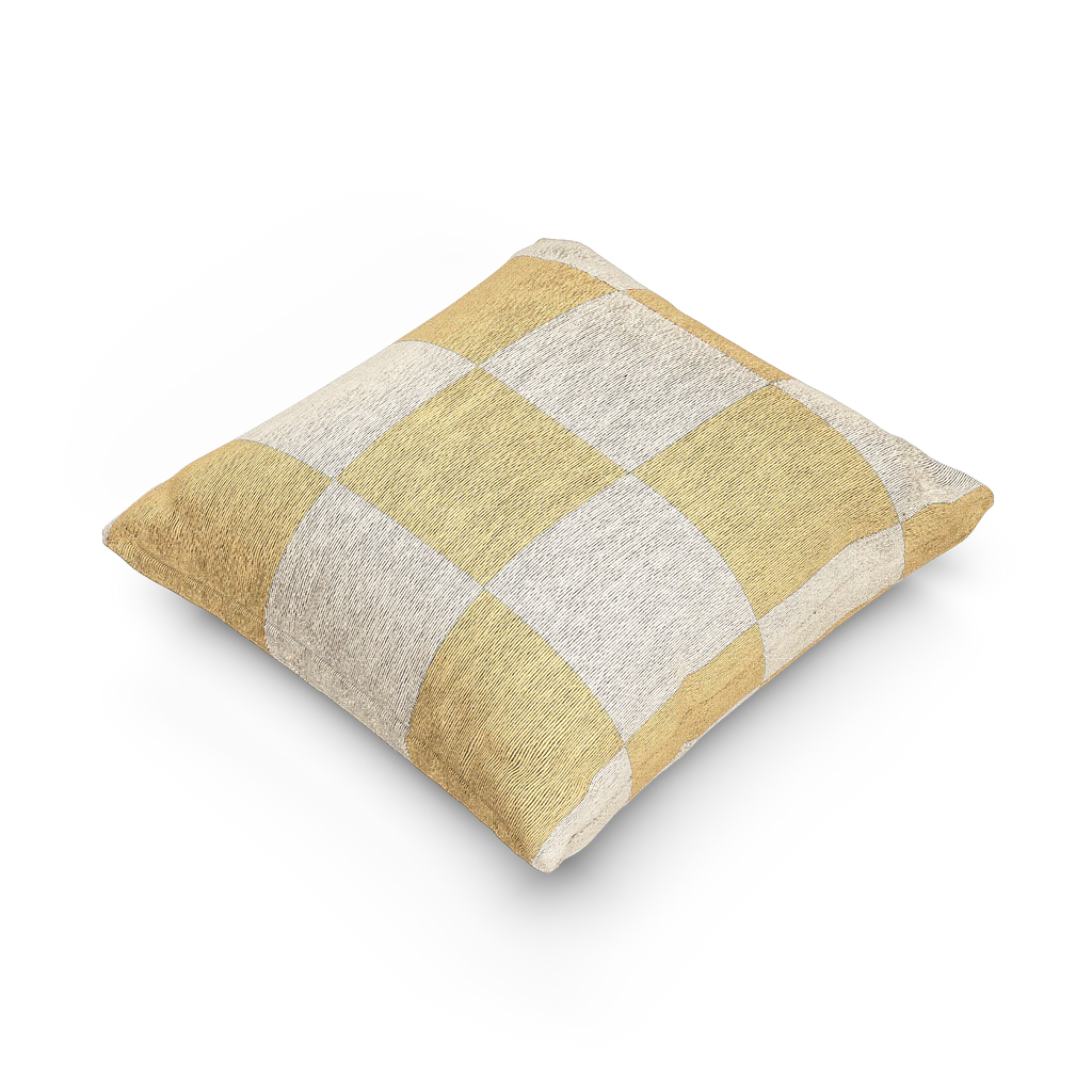 A side view of the Neutral Yellow Checkerboard Woven Pillow showing golden yellow checker squares on an oatmeal background.  