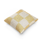 A side view of the Neutral Yellow Checkerboard Woven Pillow showing golden yellow checker squares on an oatmeal background.  