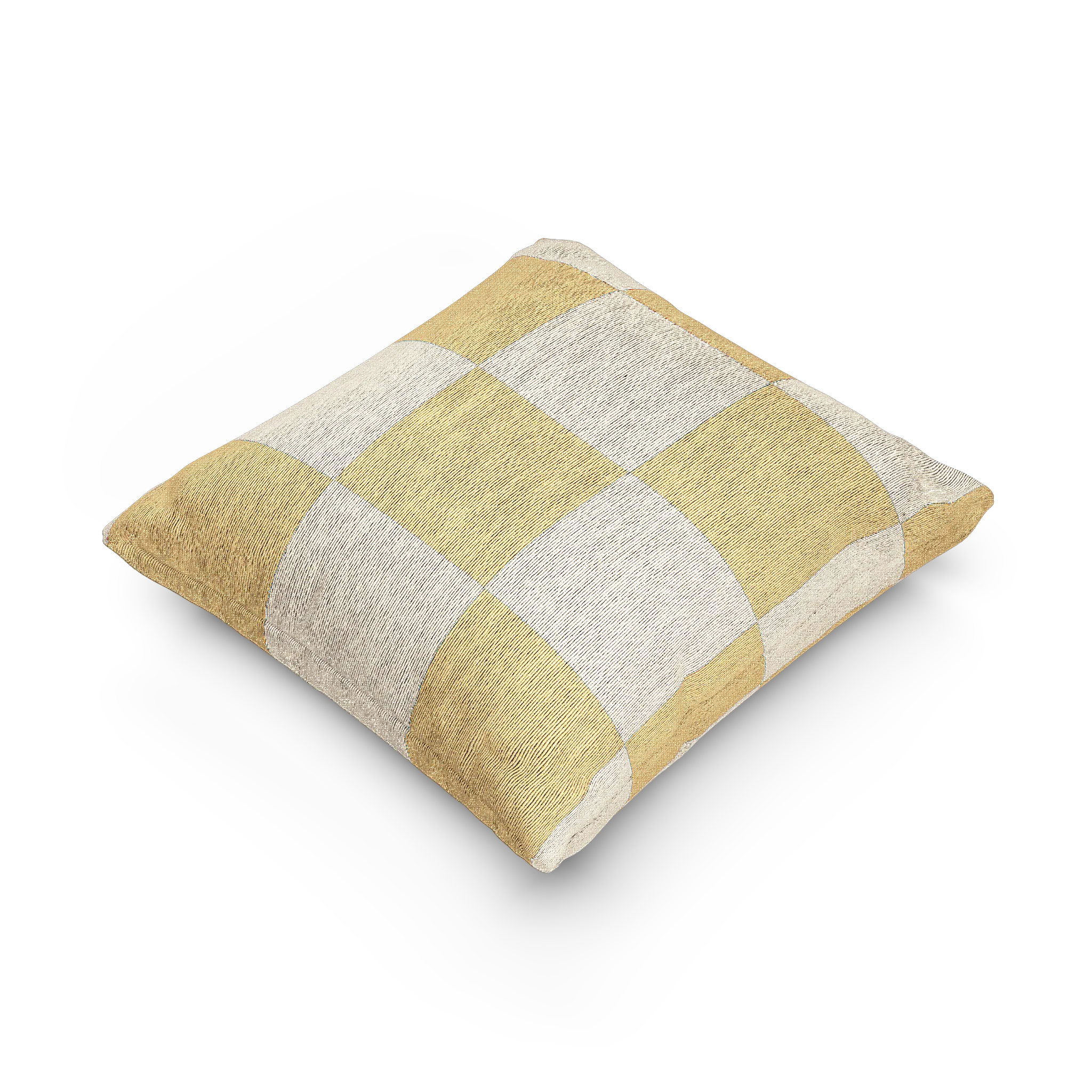 A side view of the Neutral Yellow Checkerboard Woven Pillow showing golden yellow checker squares on an oatmeal background.  