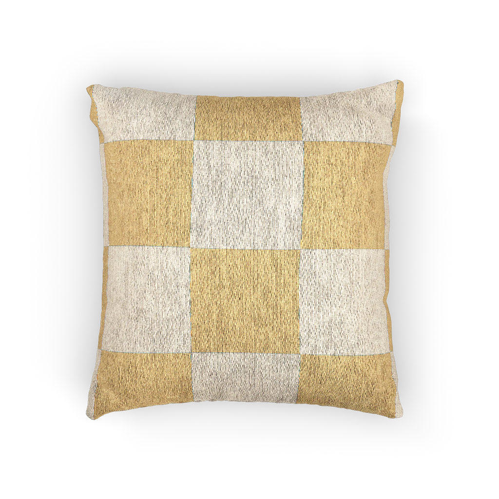 A front view of the Neutral Yellow Checkerboard Woven Pillow showing golden yellow checker squares on an oatmeal background.  
