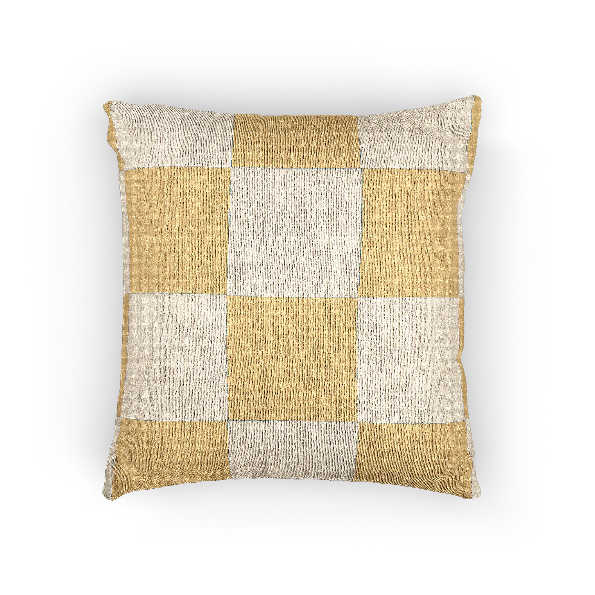 A front view of the Neutral Yellow Checkerboard Woven Pillow showing golden yellow checker squares on an oatmeal background.  