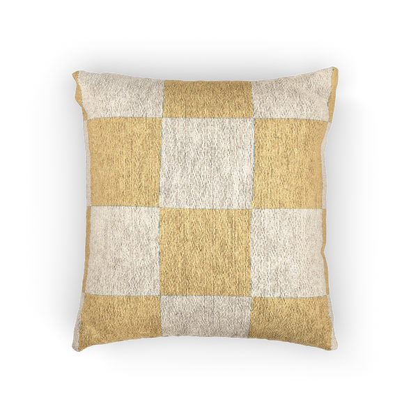A front view of the Neutral Yellow Checkerboard Woven Pillow showing golden yellow checker squares on an oatmeal background.  