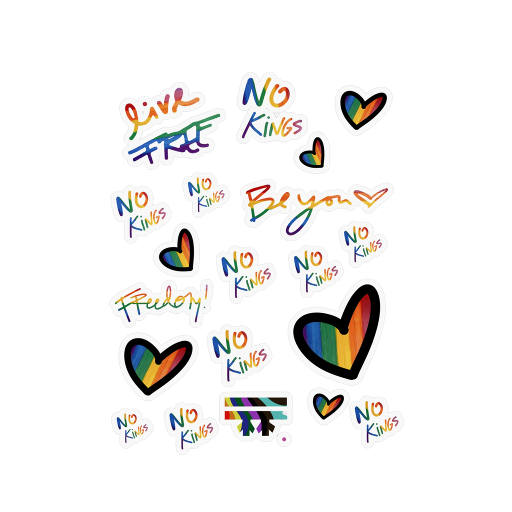No Kings Pride Rainbow Vinyl Decal Set, 20 kiss-cut stickers, rainbow hearts and scripts, satin finish, FREEBRD Pride Gear.
