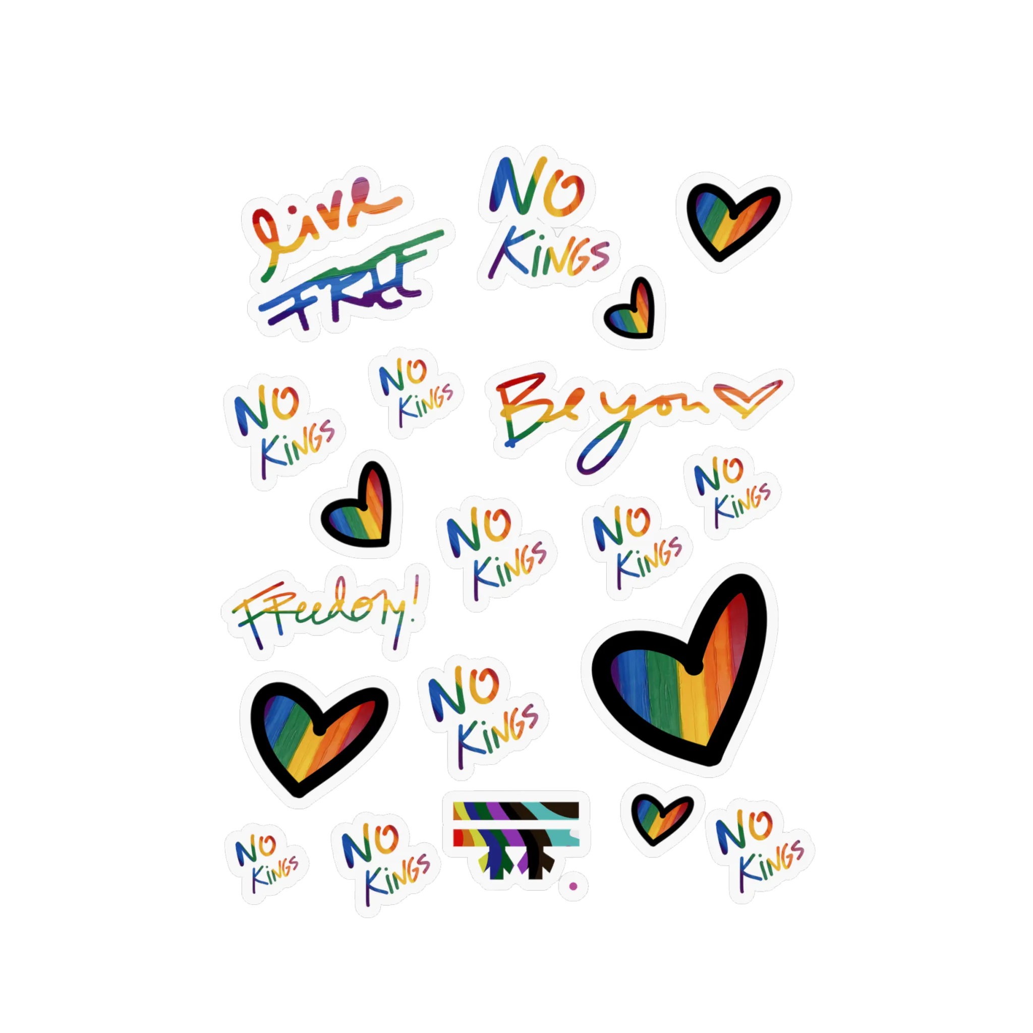 No Kings Pride Rainbow Vinyl Decal Set, 20 kiss-cut stickers, rainbow hearts and scripts, satin finish, FREEBRD Pride Gear.