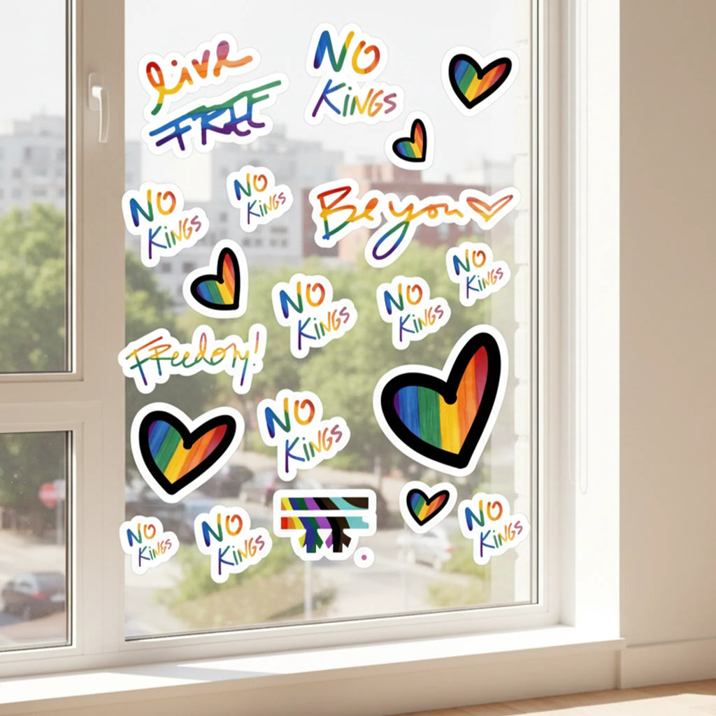 No Kings Pride Rainbow Vinyl Decal Set, stickers on window, natural light, FREEBRD Pride Gear.