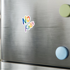 No Kings rainbow kiss-cut vinyl sticker on a stainless steel refrigerator, lifestyle display, FREEBRD Pride Gear/