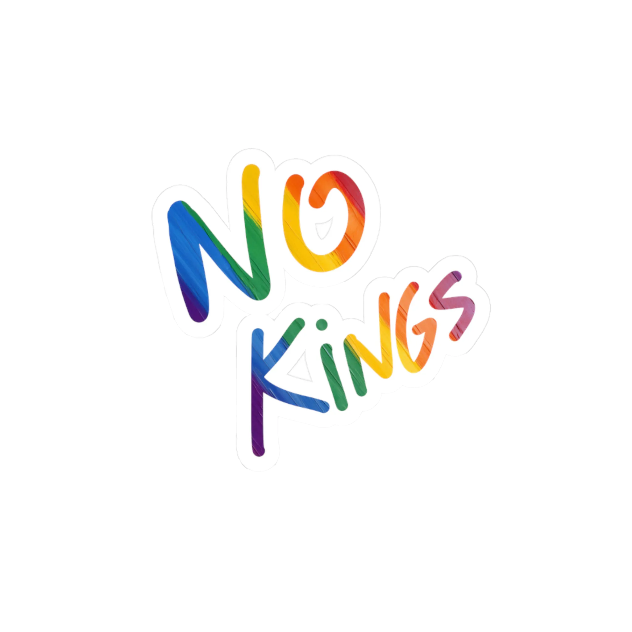 No Kings rainbow kiss-cut vinyl sticker, rainbow script graphic, FREEBRD Pride Gear.