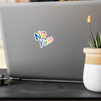 No Kings rainbow kiss-cut vinyl sticker on laptop, lifestyle display, FREEBRD Pride Gear.