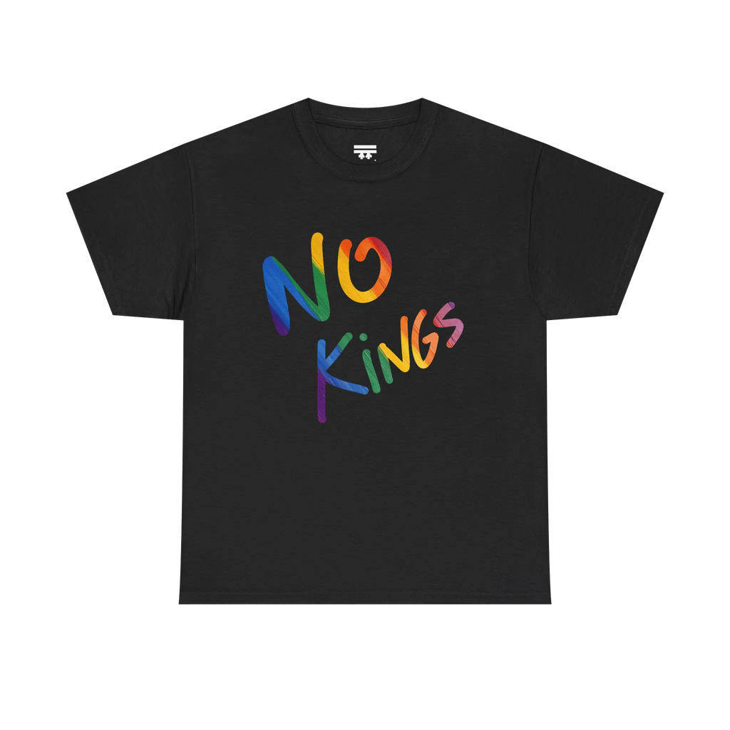 No Kings Rainbow Script Tee, white, rainbow graphic detail, FREEBRD Pride Gear.