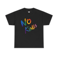 No Kings Rainbow Script Tee, white, rainbow graphic detail, FREEBRD Pride Gear.