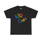 No Kings Rainbow Script Tee, white, rainbow graphic detail, FREEBRD Pride Gear.