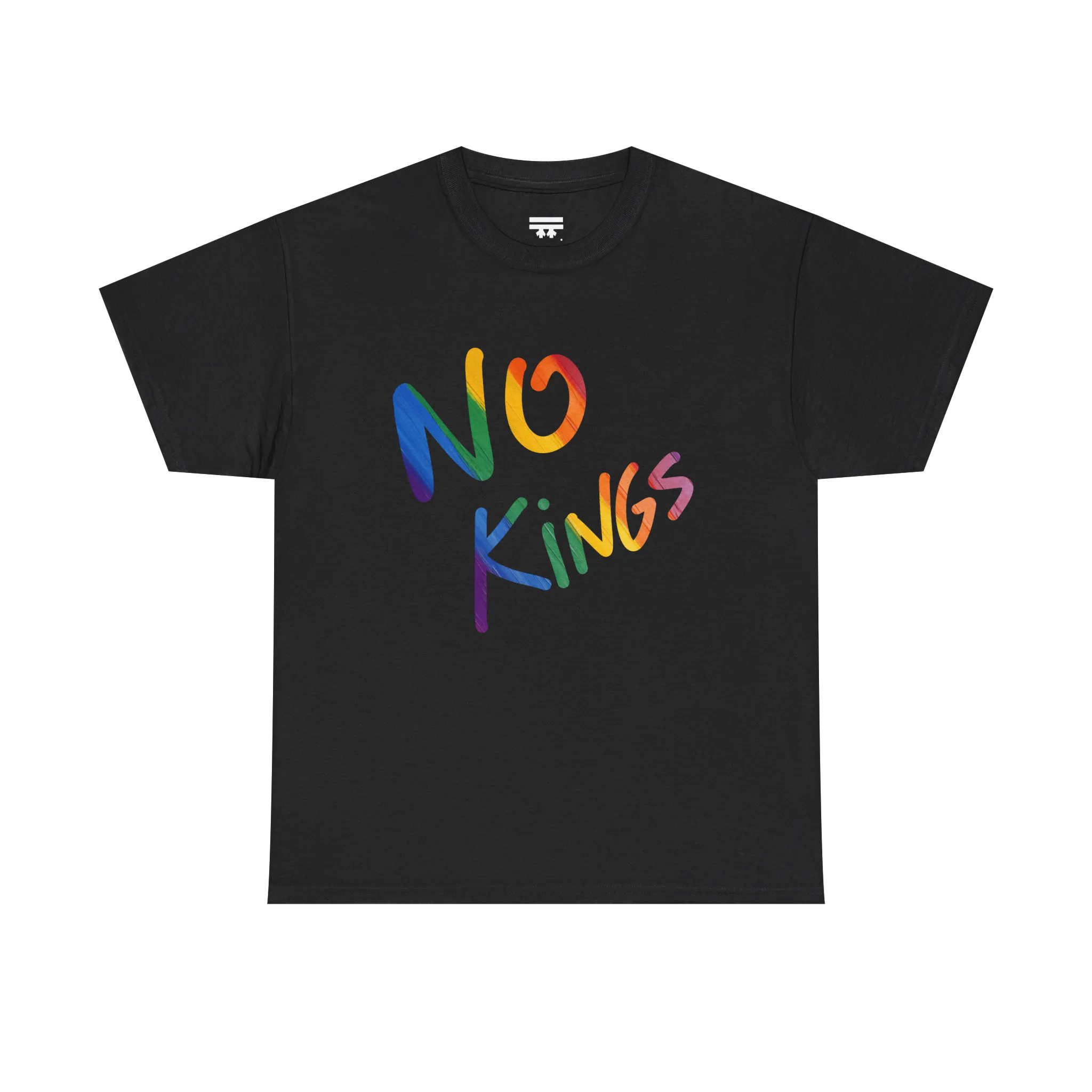 No Kings Rainbow Script Tee, white, rainbow graphic detail, FREEBRD Pride Gear.