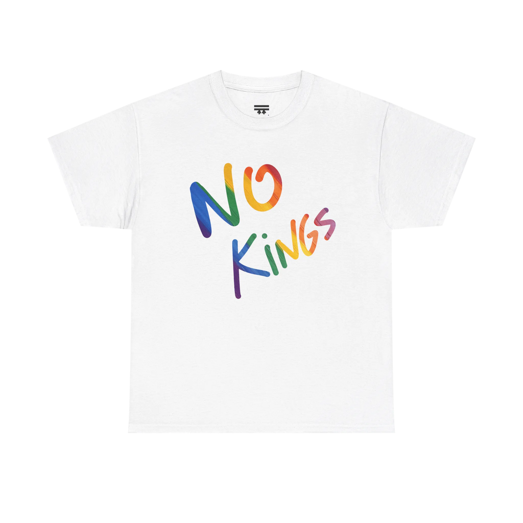 No Kings Rainbow Script Tee, white, rainbow graphic detail, FREEBRD Pride Gear.