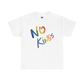 No Kings Rainbow Script Tee, white, rainbow graphic detail, FREEBRD Pride Gear.