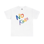 No Kings Rainbow Script Tee, white, rainbow graphic detail, FREEBRD Pride Gear.