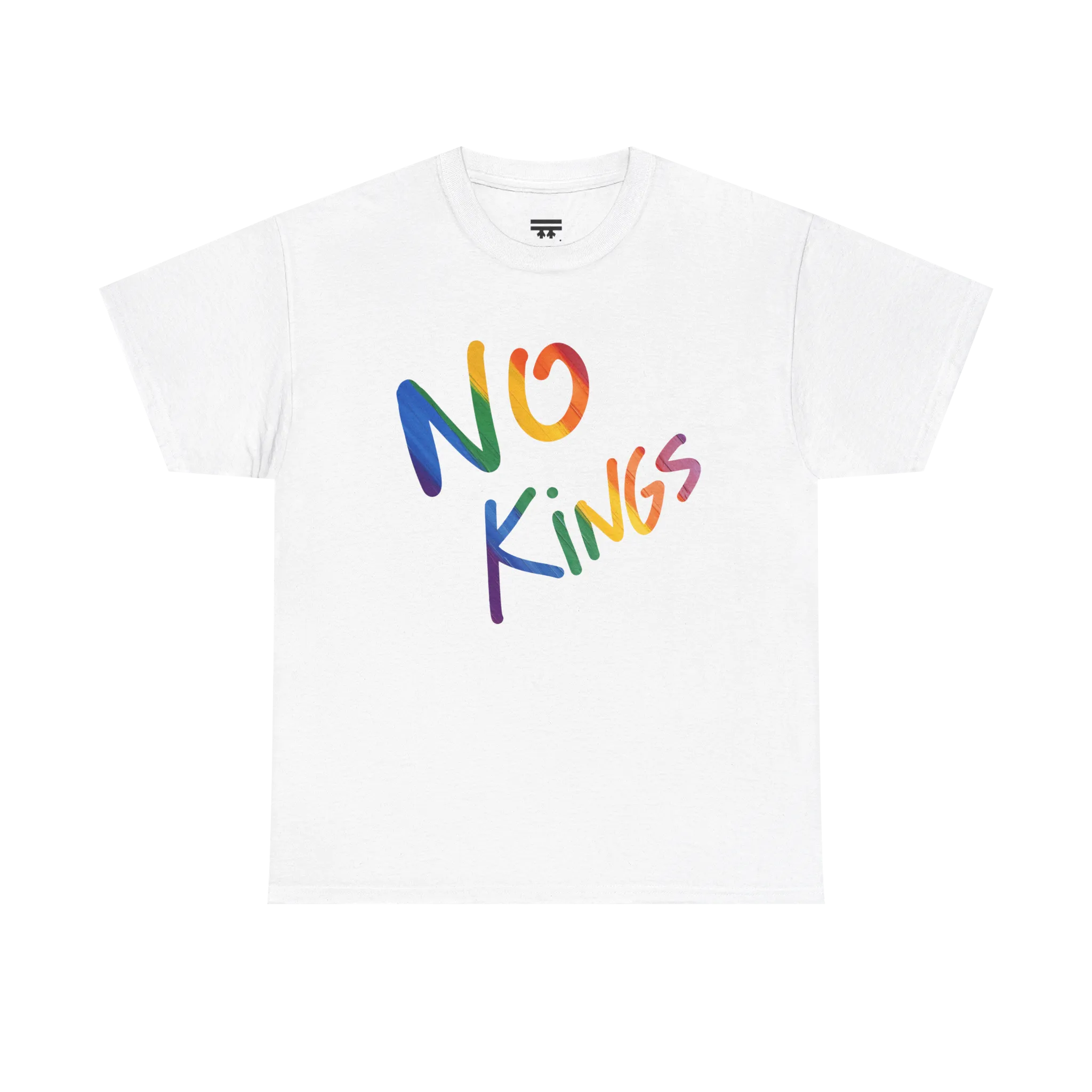 No Kings Rainbow Script Tee, white, rainbow graphic detail, FREEBRD Pride Gear.