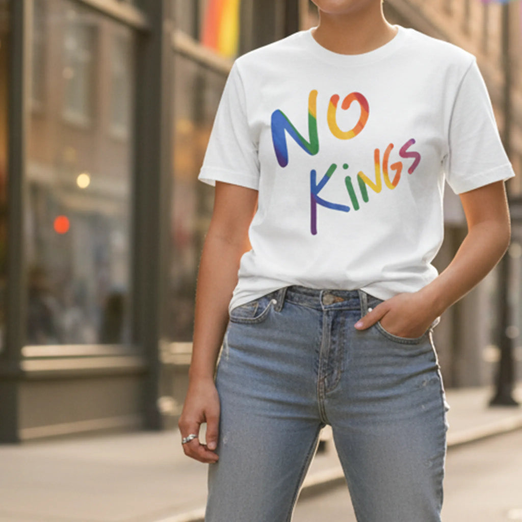 No Kings Rainbow Script Tee, white, Pride lifestyle, FREEBRD Pride Gear.