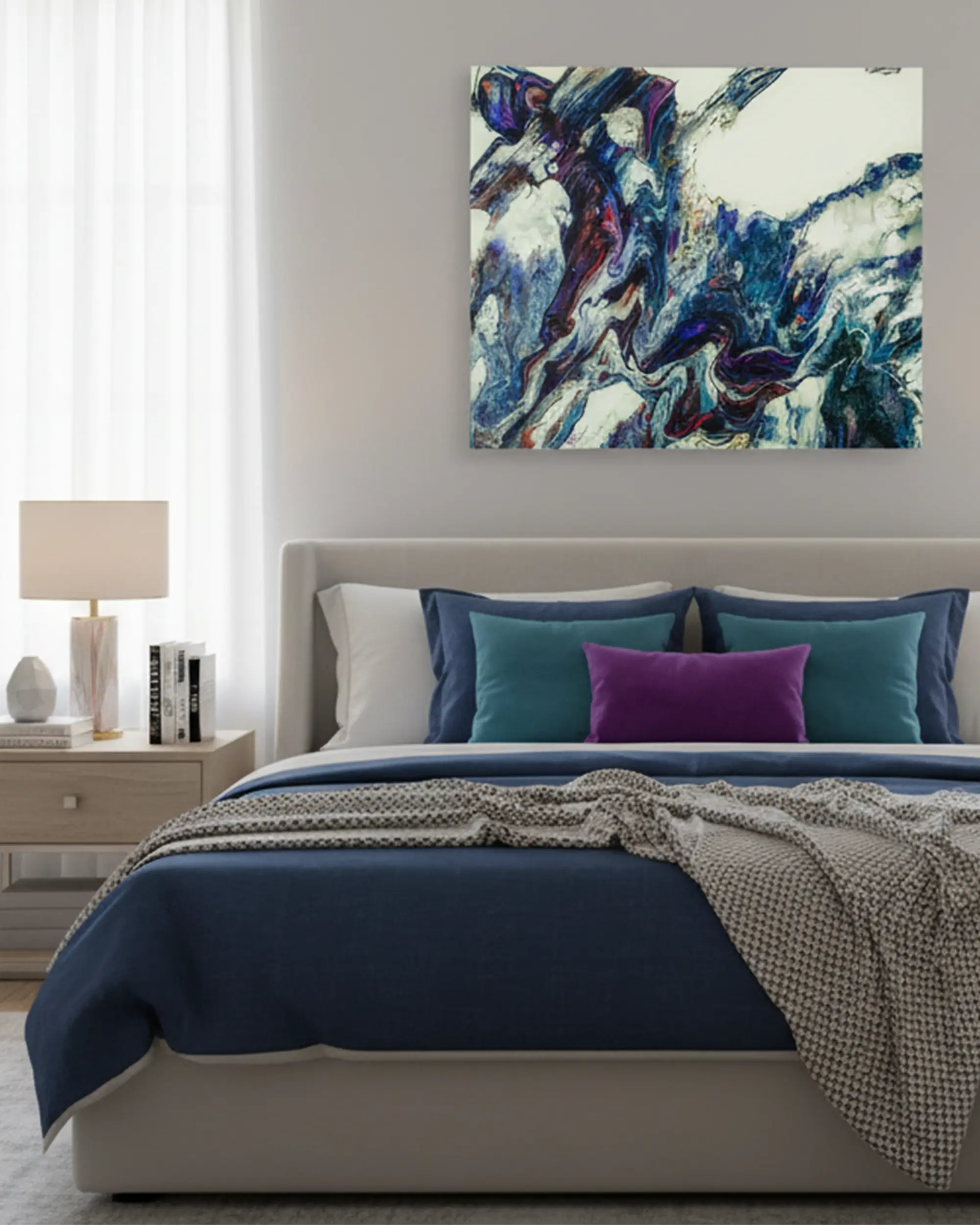 A modern, serene, nordic minimalist bedroom with a bed, nightstand, and Freebrd’s “Afrostar” abstract painting on the wall above the bed.