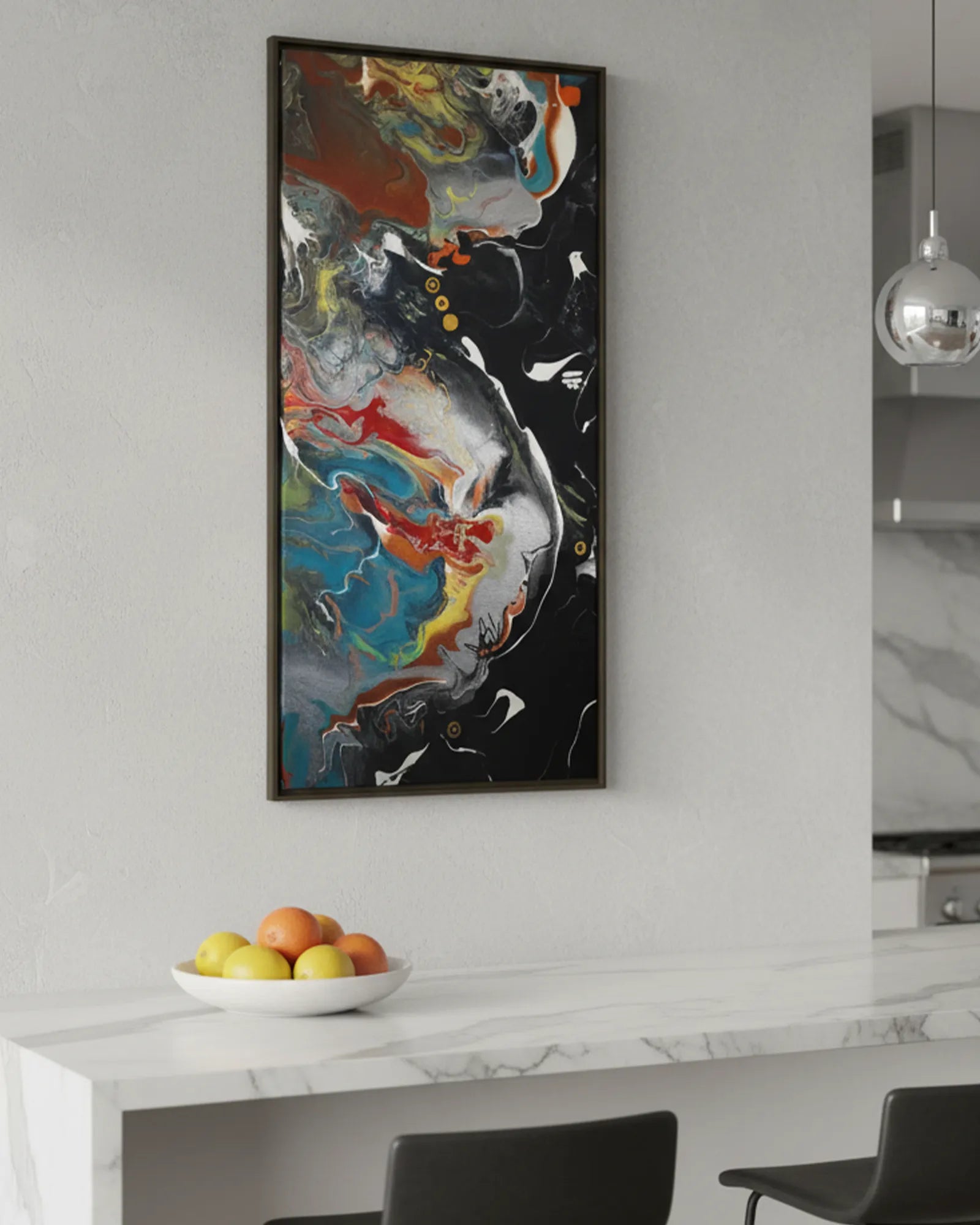 Abstract ’Silver Bird' painting with an espresso certified wood frame on a wall in a nordic minimalist style kitchen above a kitchen table counter with a fruit bowl and black stools.