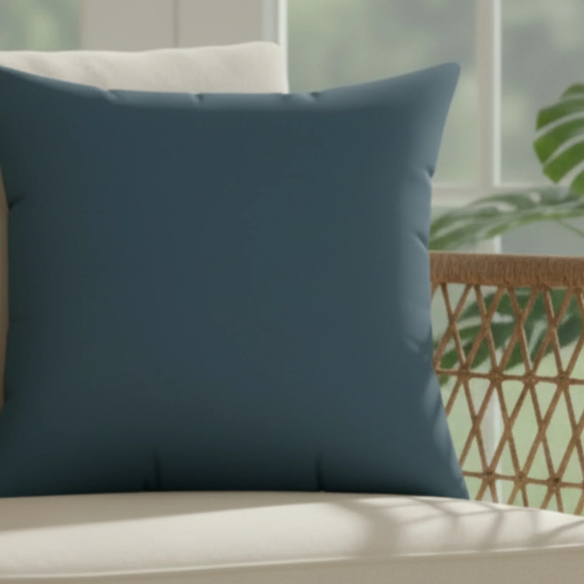Nostradamus blue faux suede pillow styled in a cushioned wicker chair, neutral blue minimalist home decor.