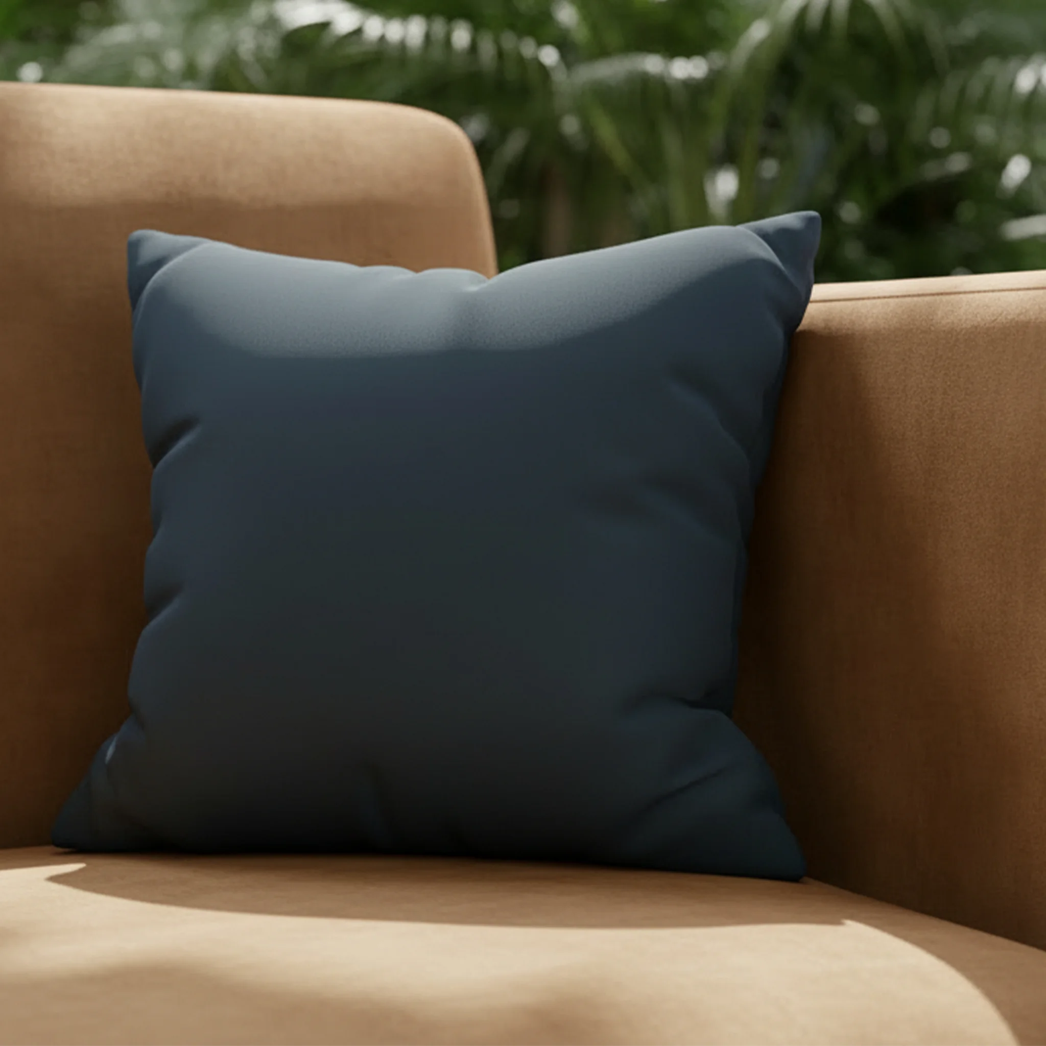 Nostradamus faux suede pillowcase styled on a couch in a modern botanical sunroom.
