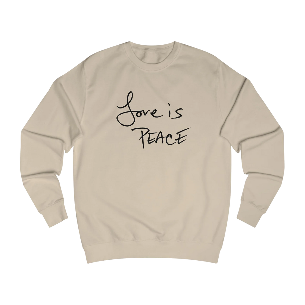 Nude Love is Peace crewneck sweatshirt, handwritten Love is Peace graphic, crew neck, front view.