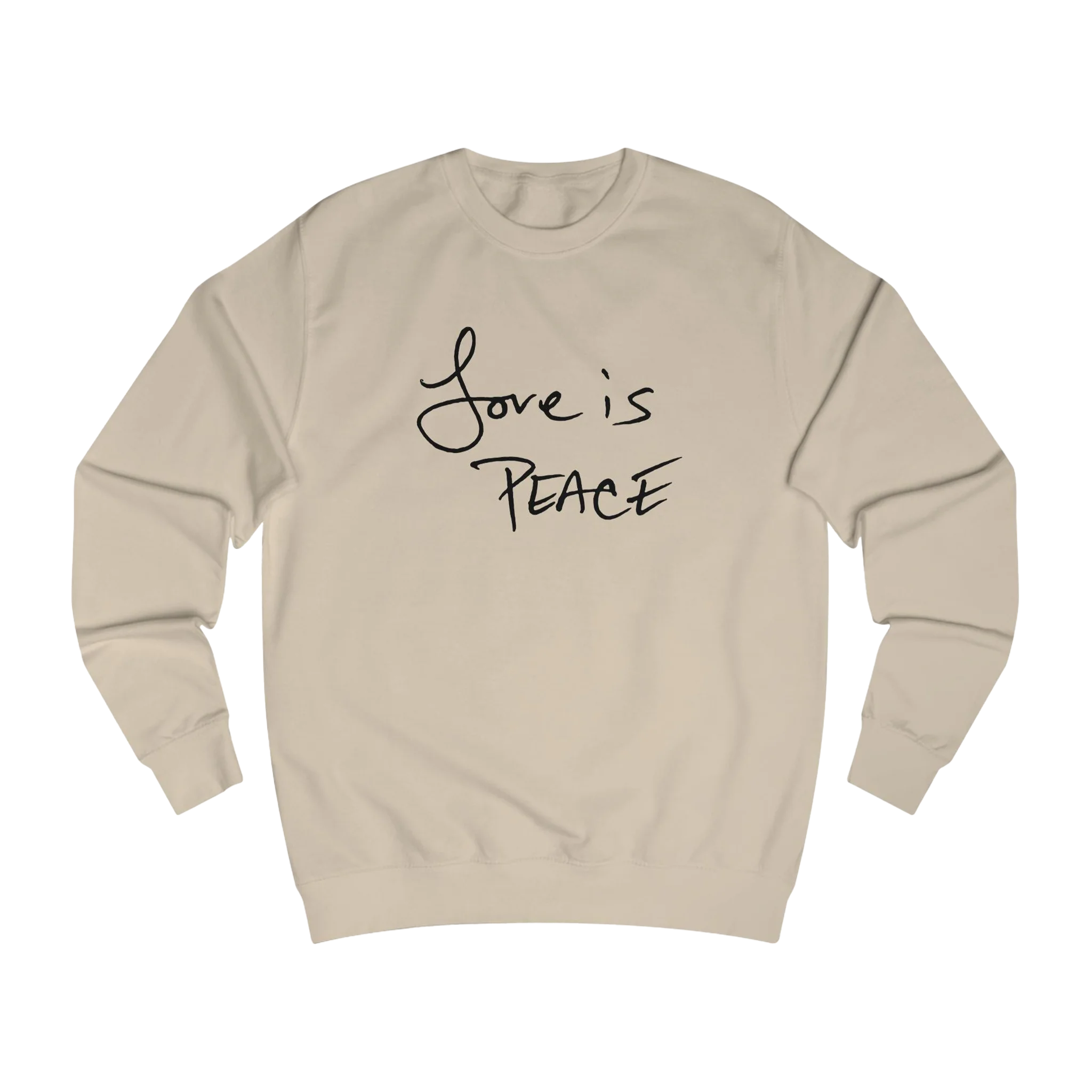 Nude, Love is Peace crewneck sweatshirt, black print, front view.
