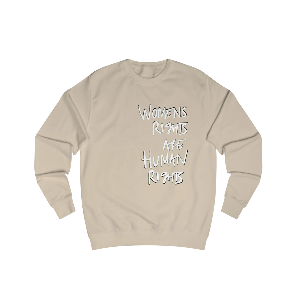 Nude Women's Rights sweatshirt, Womens Rights Are Human Rights graphic handwritten in white text, crew neck, front view.