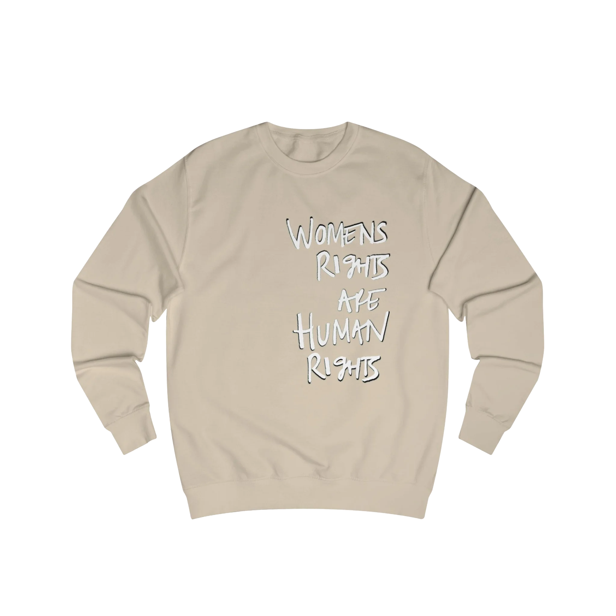 Nude Women's Rights sweatshirt, Womens Rights Are Human Rights graphic handwritten in white text, crew neck, front view.