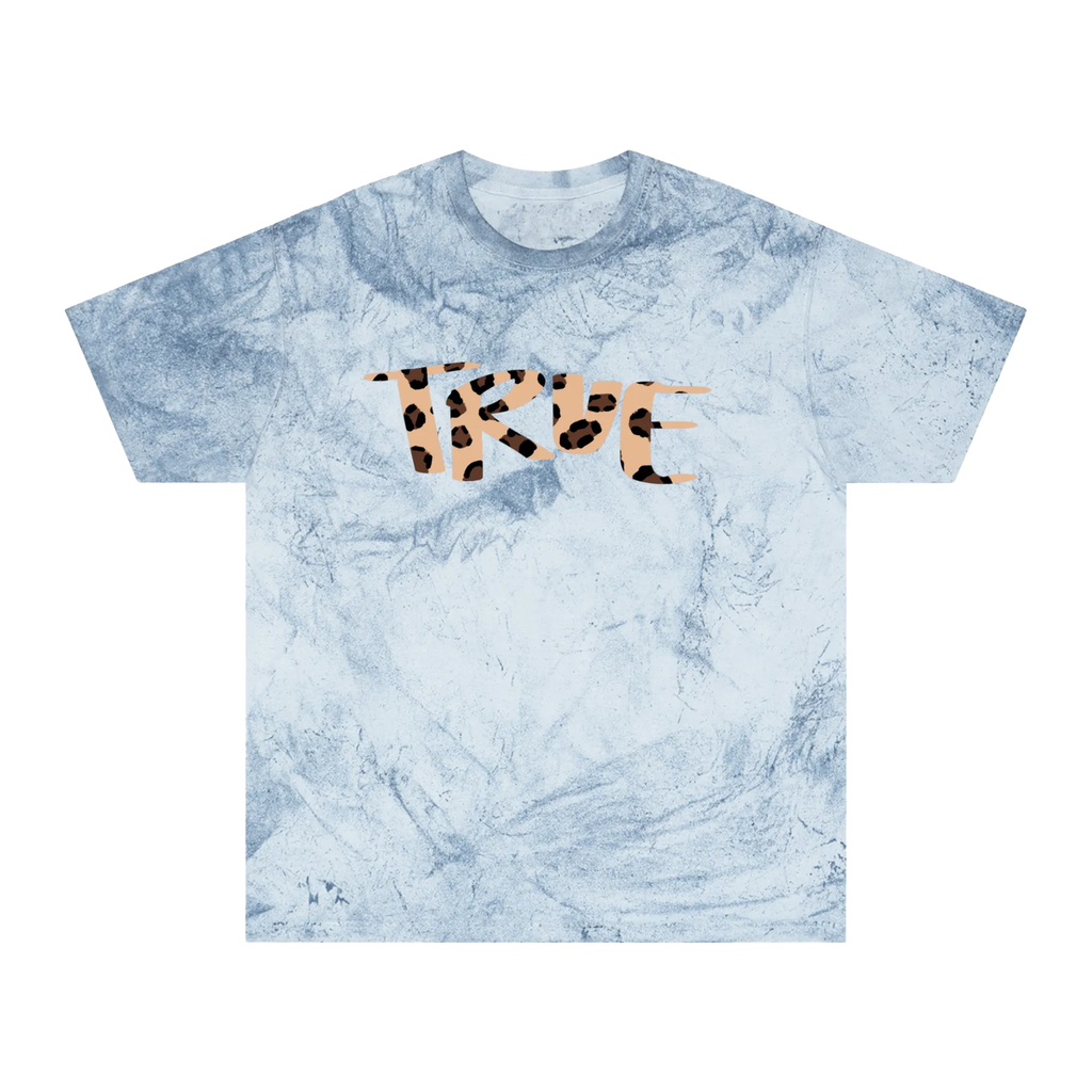 An ocean garment-dyed marble wash t-shirt with an oversized cheetah print 'True' graphic across the chest in peach and brown.