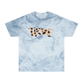 An ocean garment-dyed marble wash t-shirt with an oversized cheetah print 'True' graphic across the chest in peach and brown.