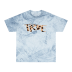 An ocean garment-dyed marble wash t-shirt with an oversized cheetah print 'True' graphic across the chest in peach and brown.