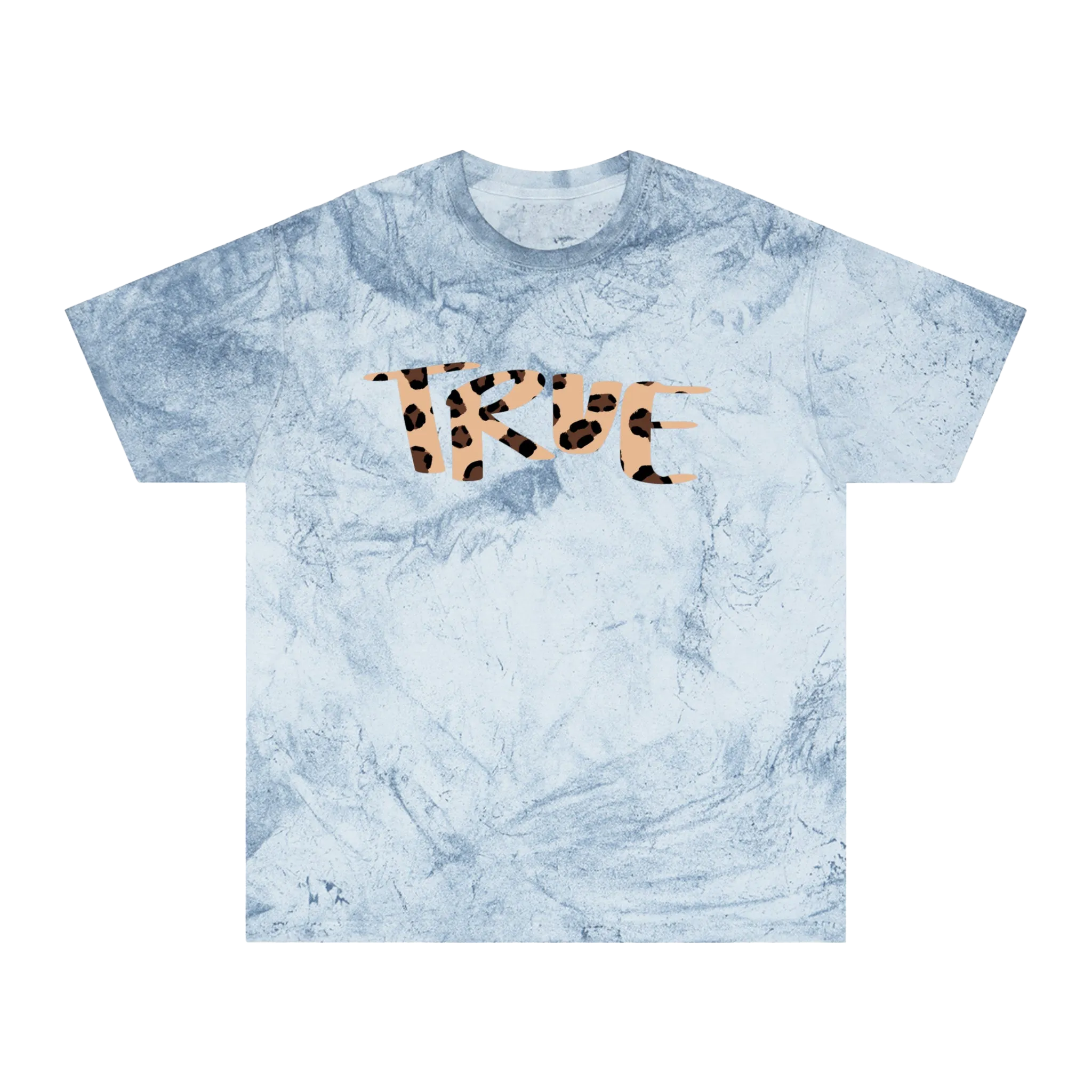 An ocean garment-dyed marble wash t-shirt with an oversized cheetah print 'True' graphic across the chest in peach and brown.