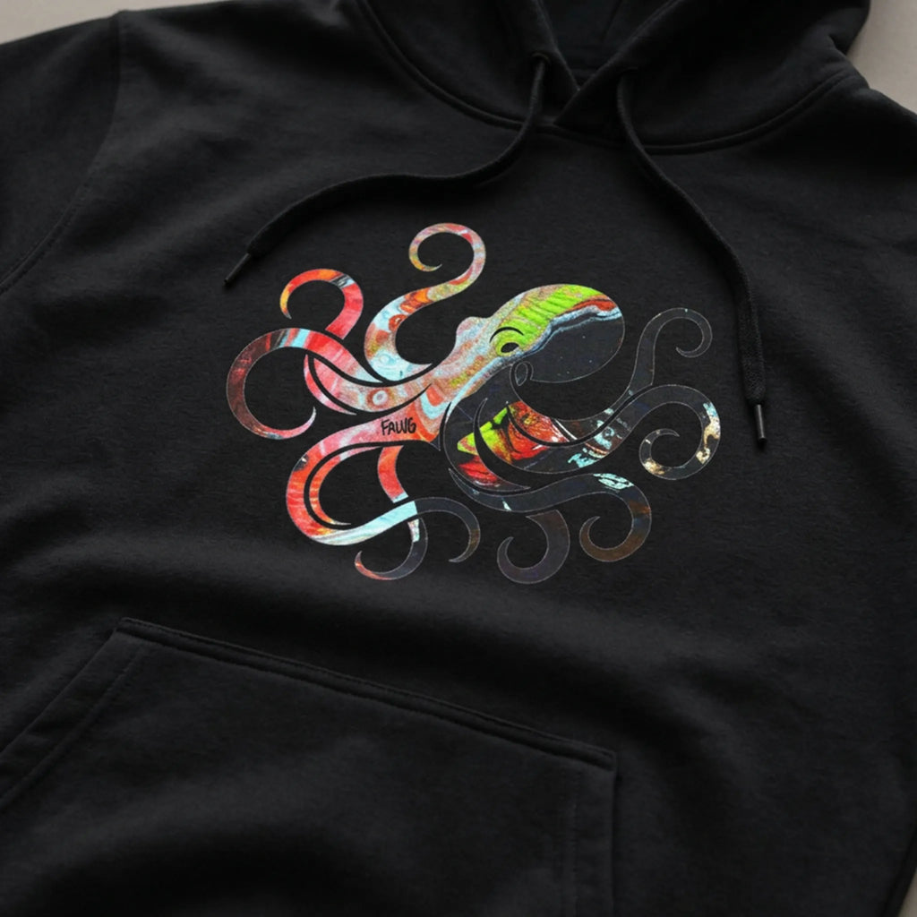 Close-up of a black pullover hoodie showing the multicolored octopus chest graphic, drawstrings and kangaroo pocket.