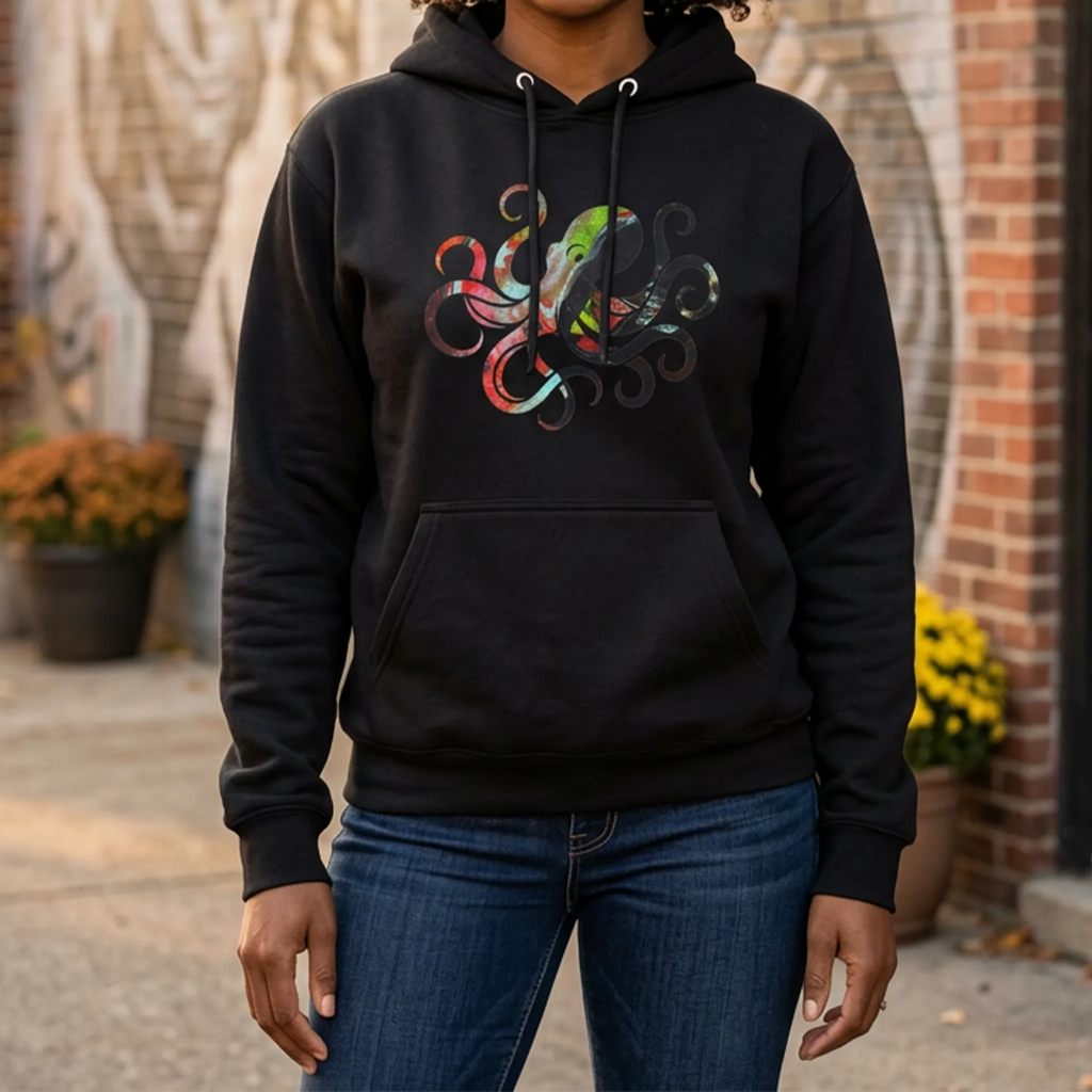 Woman wearing a black hoodie with a multicolored octopus chest graphic and jeans outside a brick building, front view.