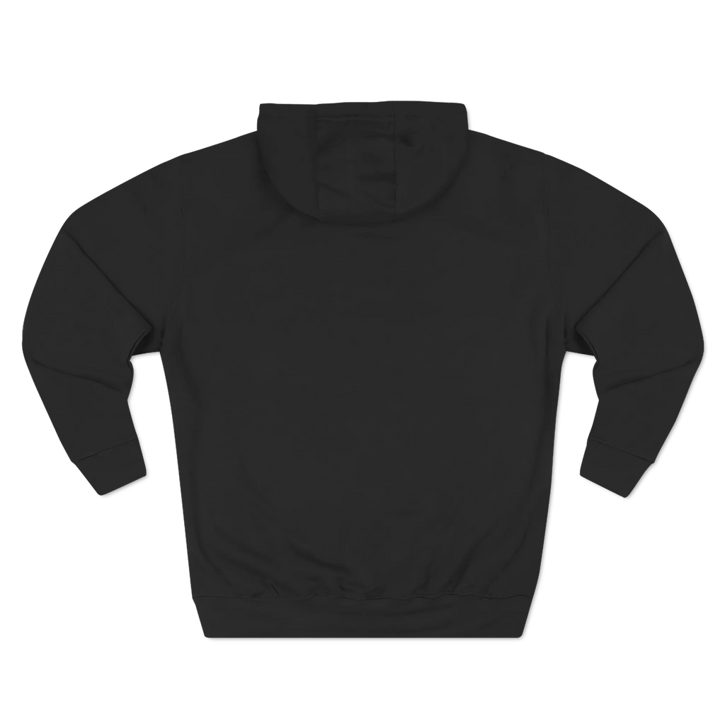 Black pullover hoodie with a plain back and hood, rear view.