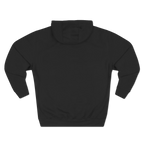 Black pullover hoodie with a plain back and hood, rear view.