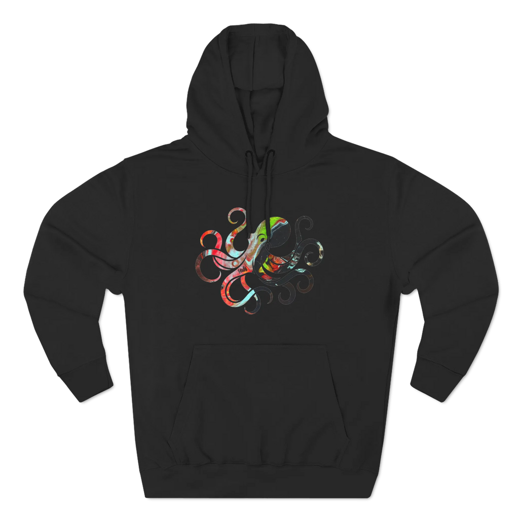 Black pullover hoodie with a multicolored octopus graphic featuring curling tentacles above a kangaroo pocket, front view.