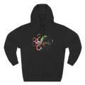 Black pullover hoodie with a multicolored octopus graphic featuring curling tentacles above a kangaroo pocket, front view.