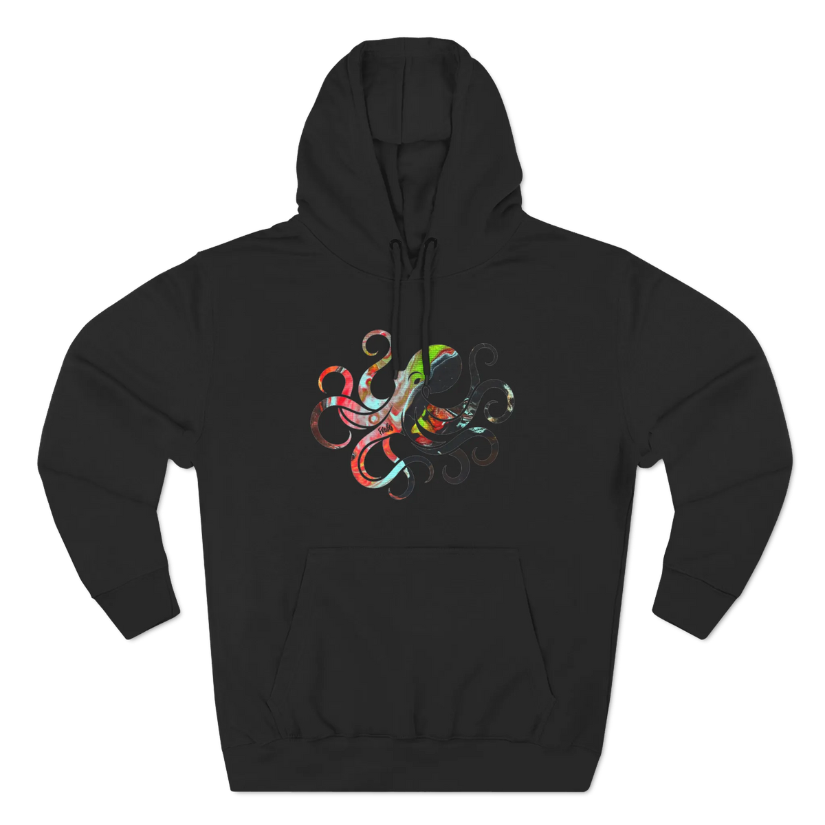Black pullover hoodie with a multicolored octopus graphic featuring curling tentacles above a kangaroo pocket, front view.