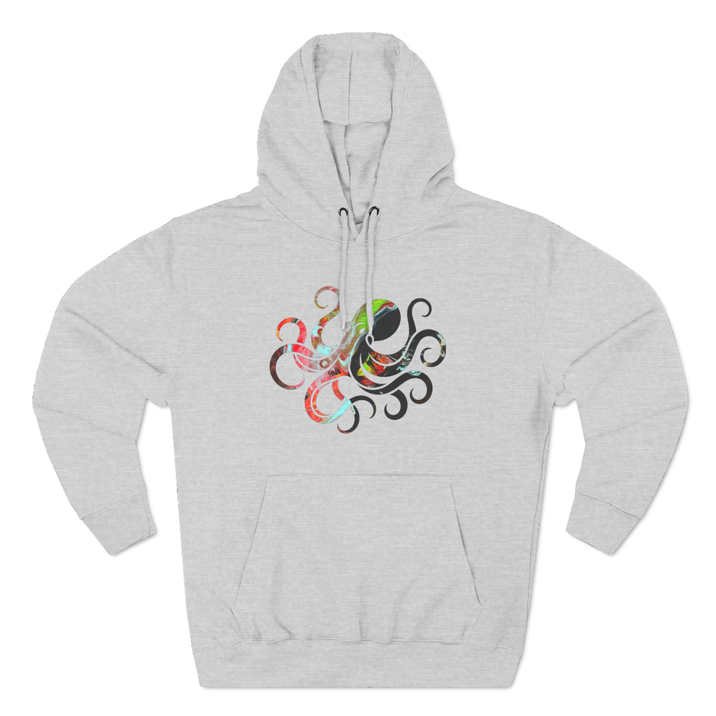 Light gray pullover hoodie with a multicolored octopus graphic featuring curling tentacles above a kangaroo pocket, front view.